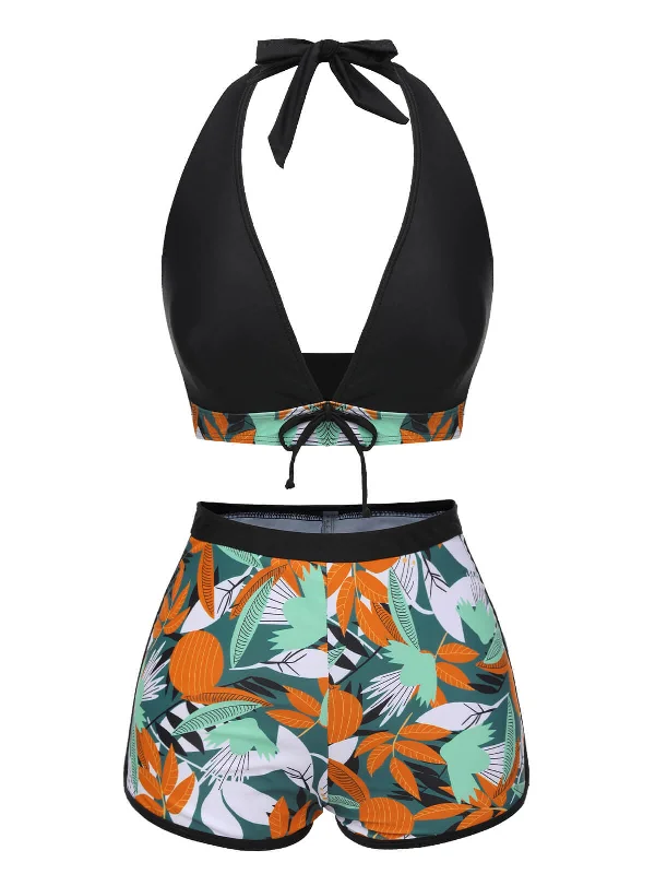 Black 1950s Plants Silhouette V-Neck Bikini Set