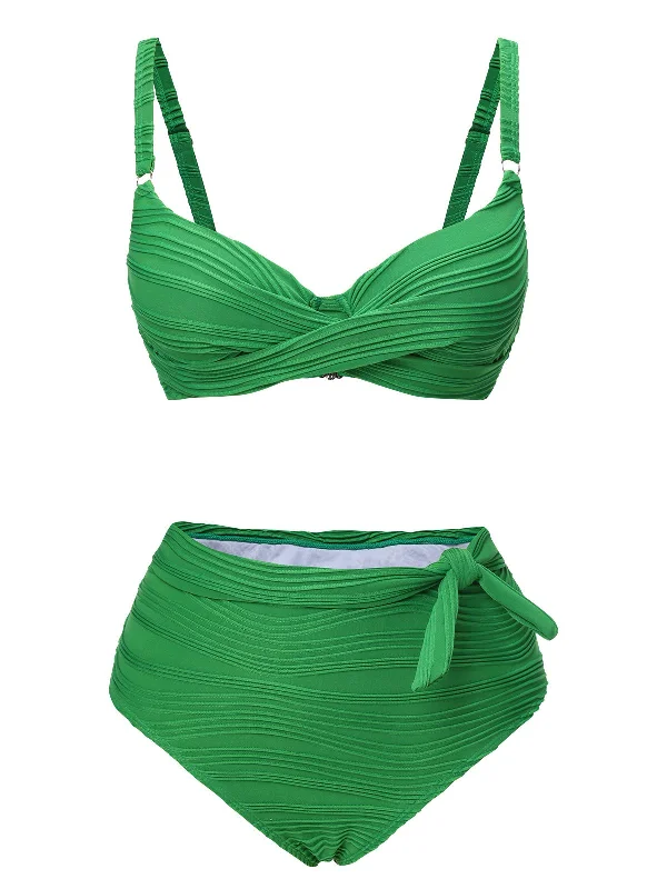 Green 1960s Pleated Solid Swimsuit