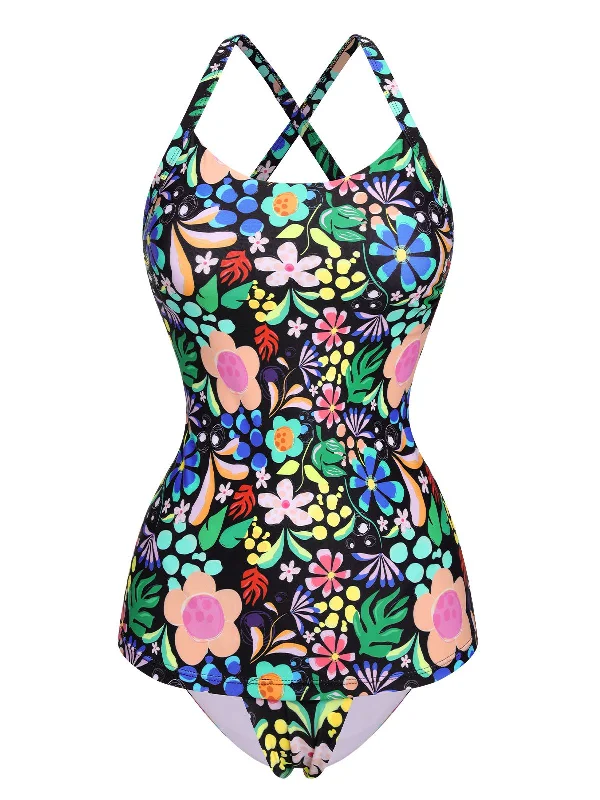 1950s Hippie Floral Strap One-Piece Swimsuit