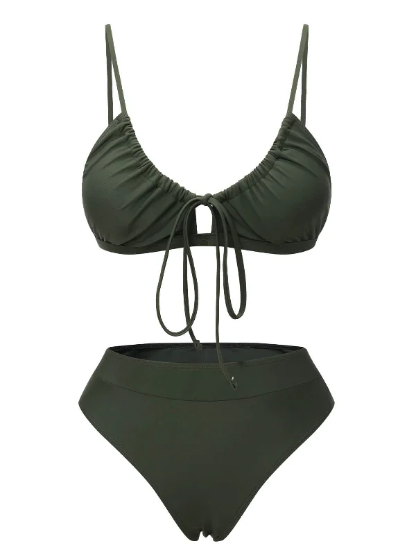 Army Green 1950s Solid Drawstring Halter Bikini