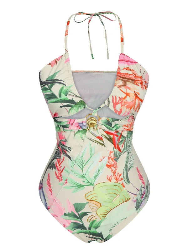 Multicolor 1960s Chest Buckle One-Piece Swimsuit