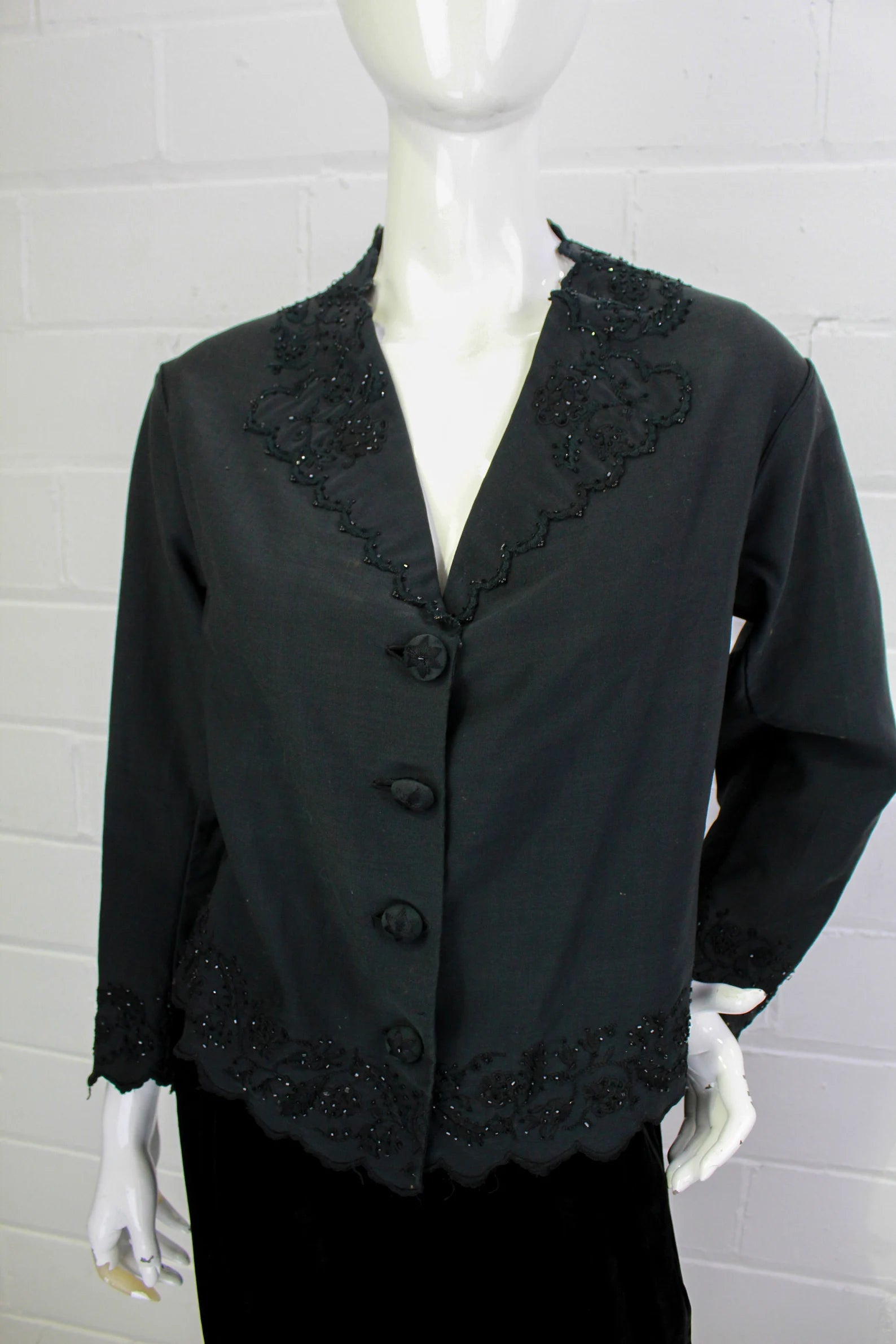 Antique 1900s Black Beaded & Embroidered Cotton Mourning Jacket, Scalloped Edges, B36"