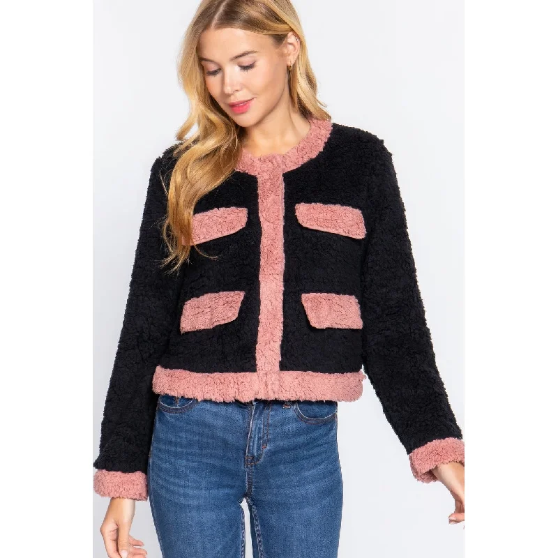 Long Sleeve Pocket Detail Faux Faux Jacket