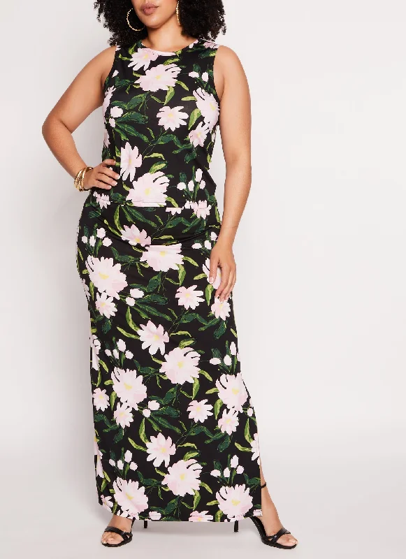 Plus Size Floral Tank Top and Maxi Skirt Set