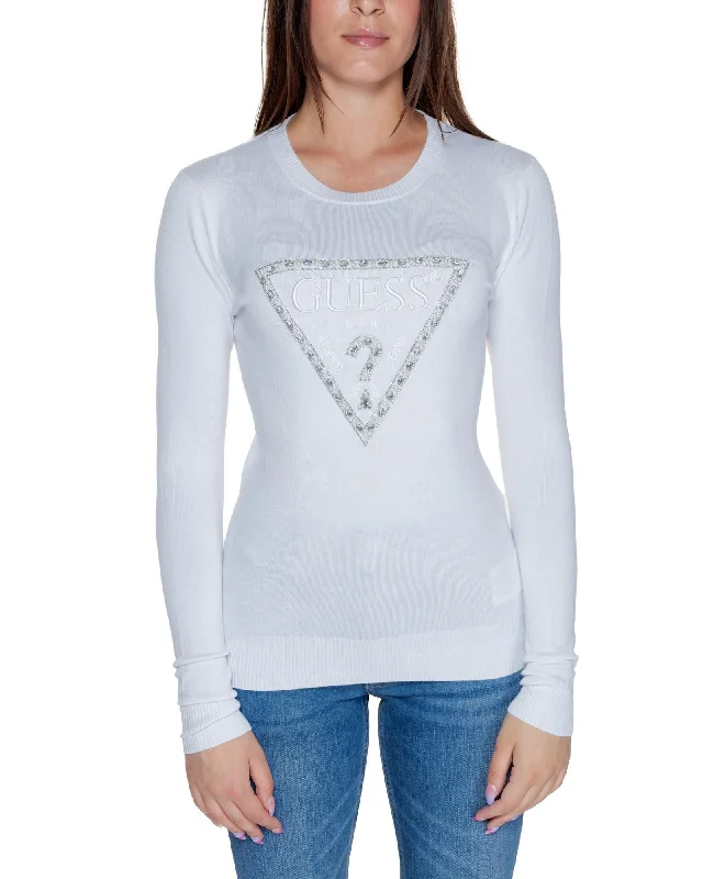 Guess  Women's White Knitted Sweater with Rhinestone and Pearl Embellishments