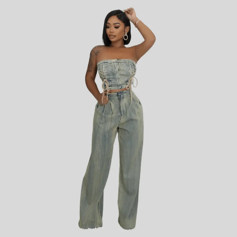 Alyssa Tube Top High-Waisted Pants Wide-Leg Button Zipper Closure Stretch Pant Set