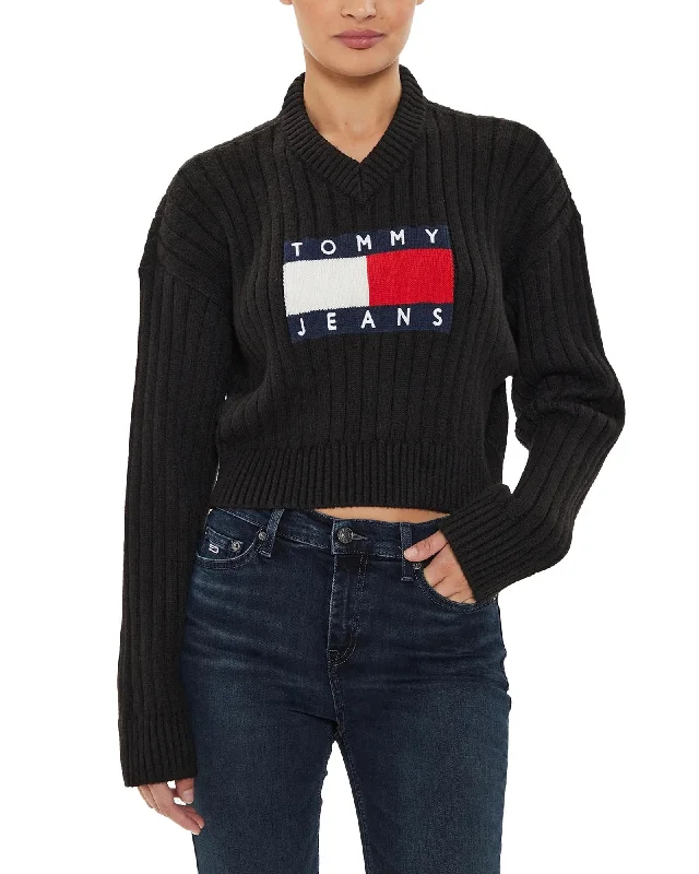 Tommy Hilfiger  Womens Tommy Jeans Flag Ribbed Cropped Sweater