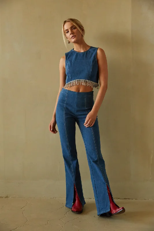 Carrie Denim Rhinestone Crop Top