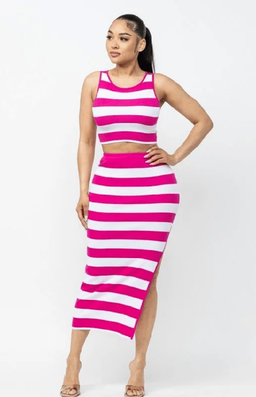 Fabiola Striped Side Slit Maxi Skirt Set-White/Fuchsia