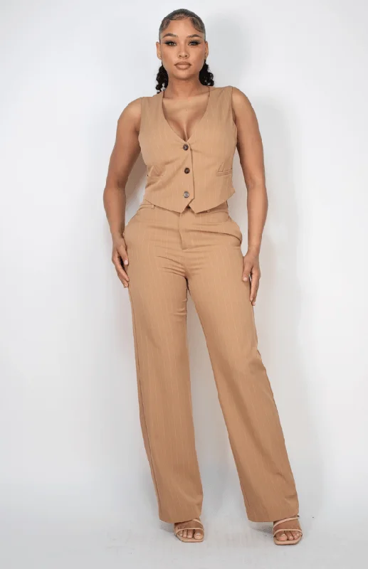 Alexsa Striped Buttoned Crop top ant Pant Set-Taupe/White