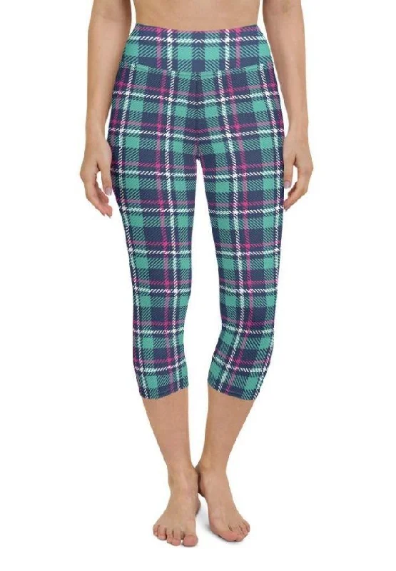 Pink & Turquoise Plaid Print Yoga Capris