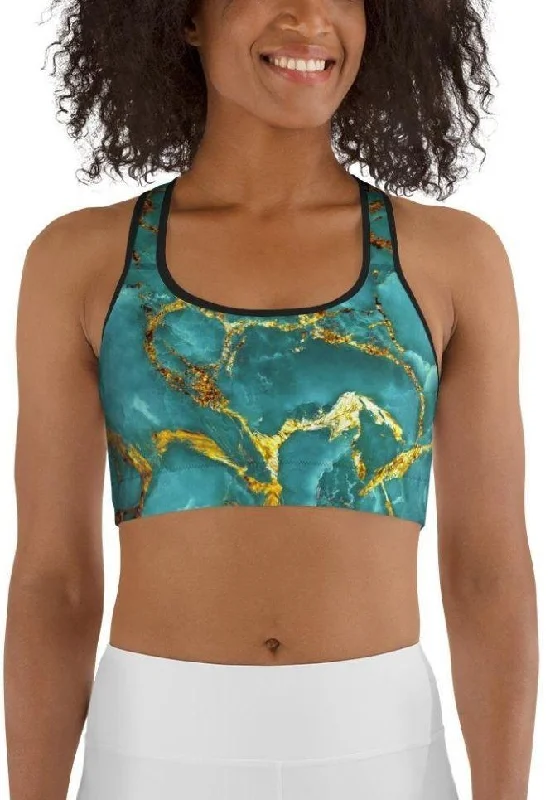 Turquoise & Gold Marble Sports Bra