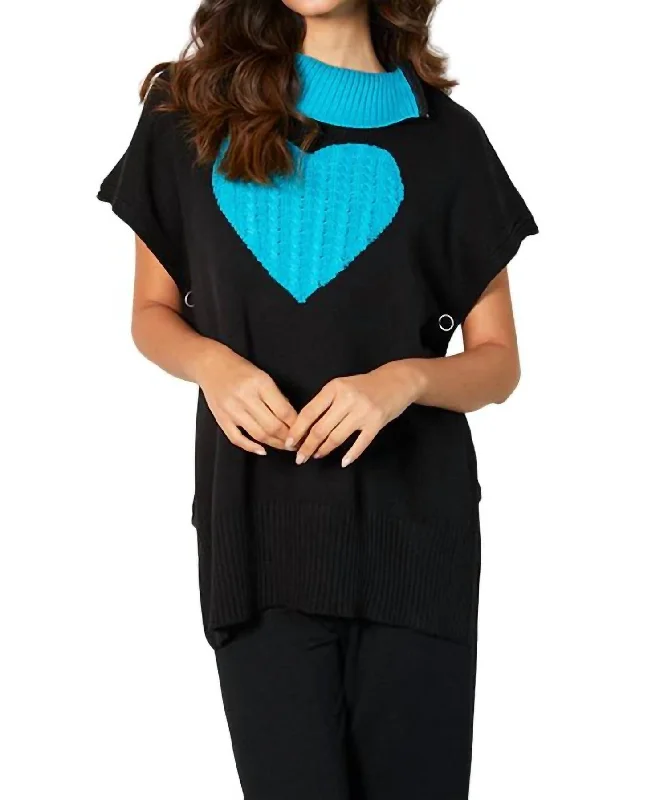 Zip Cowl Neck Heart Poncho In Black/turquoise