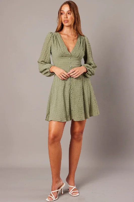 Green Fit And Flare Dress Long Sleeve