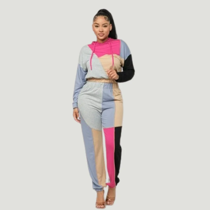 Kellie color block drawstring hoodie and pants set