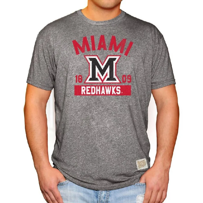 Miami Red Hawks Adult Retro Brand Mock Twist Charcoal Tri Blend Shirt