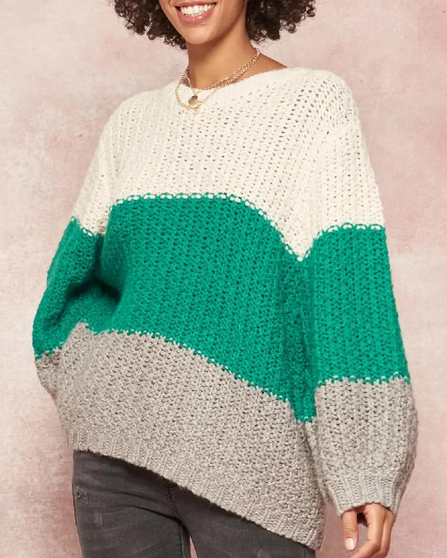 Oversized Colorblock Crochet Knit Sweater In Ivory/green/grey