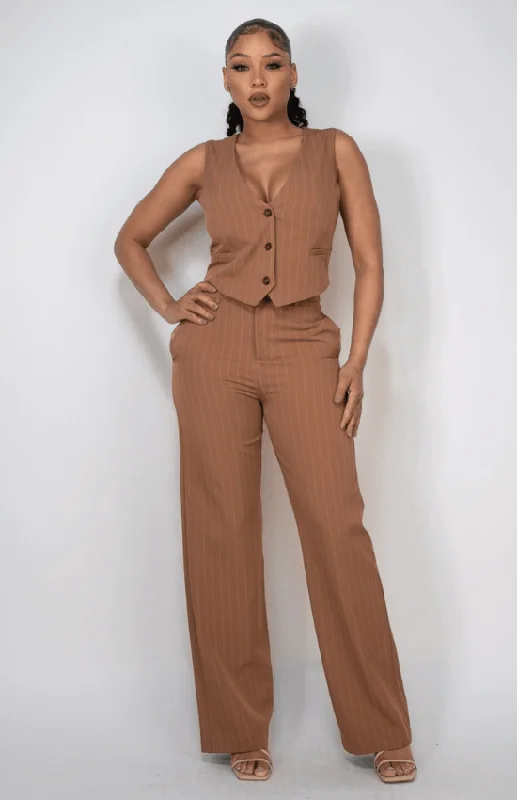 Alexsa Striped Buttoned Crop top ant Pant Set-Brown/White