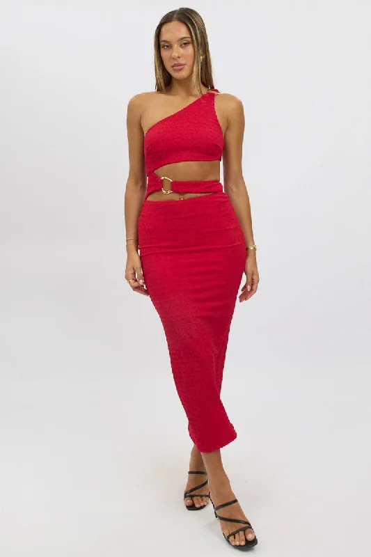 Red Bodycon Dress One Shoulder Textured