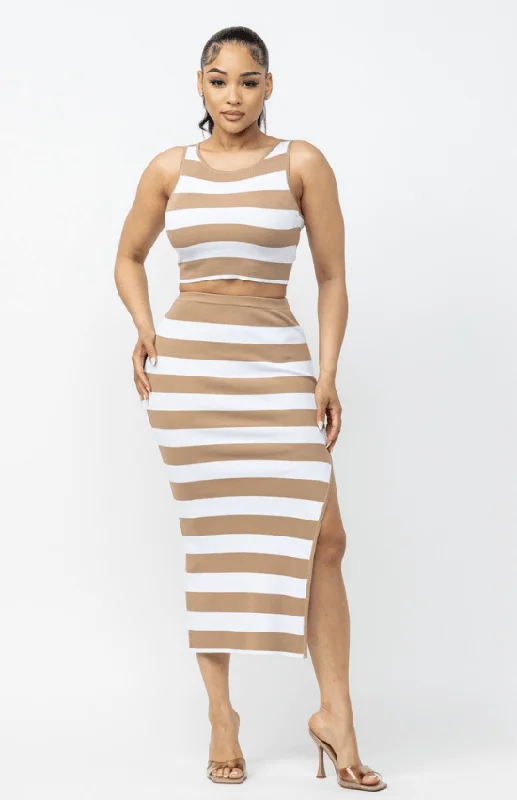 Fabiola Striped Side Slit Maxi Skirt Set-White/Taupe